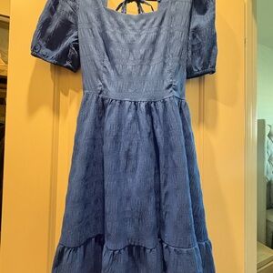 SHEIN Blue Puff Sleeve Dress Square Neck Tie Back Tiered Mini Size M
